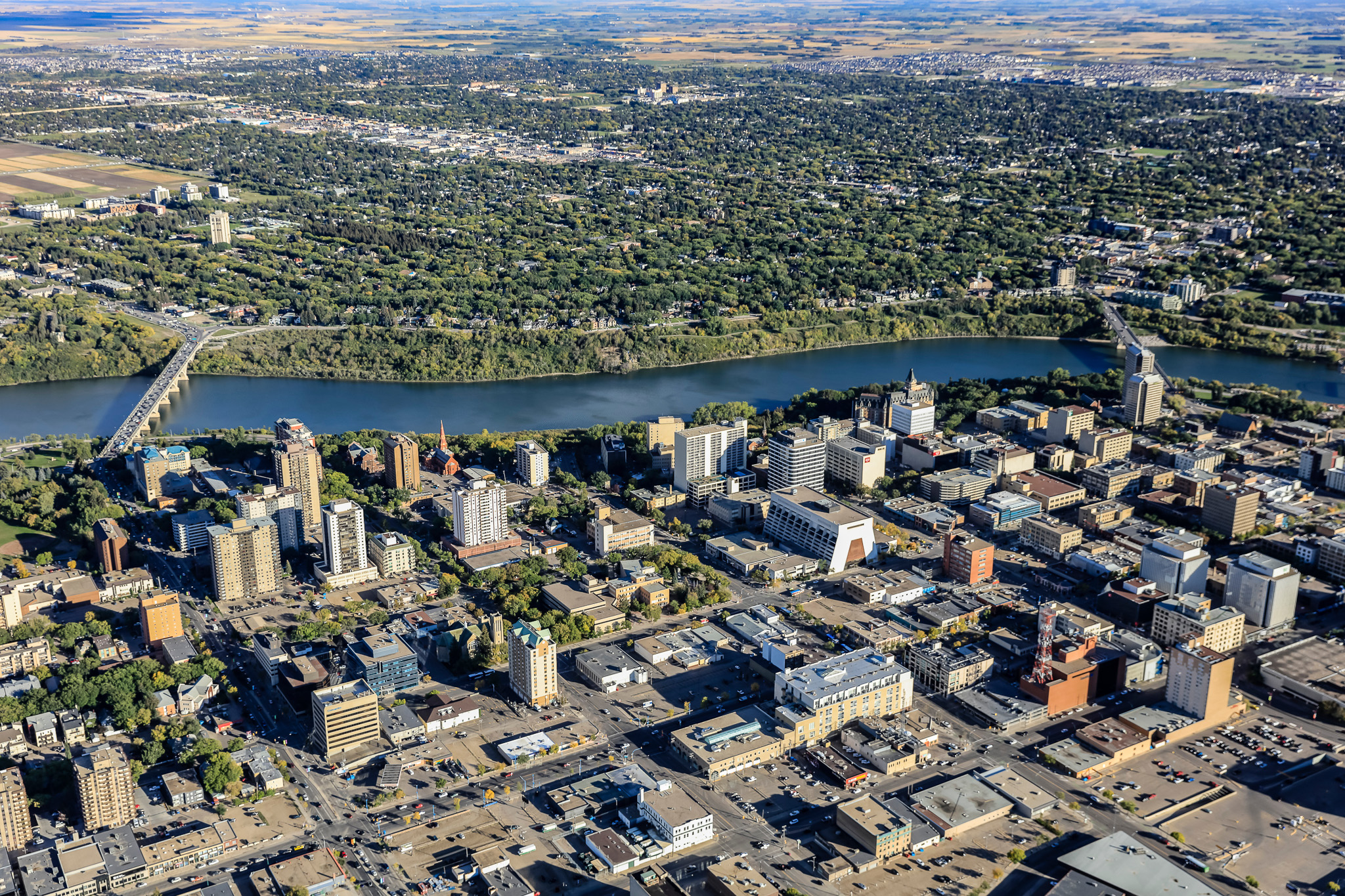 Aerial view of the Downtown (Cemtral Business District) area of Saskatoon.  Aug 7, 2016
